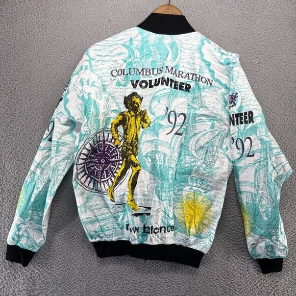 Vintage Columbus Marathon Jacket Mens Medium White Blue All Over New Balance 90s - Picture 8 of 9